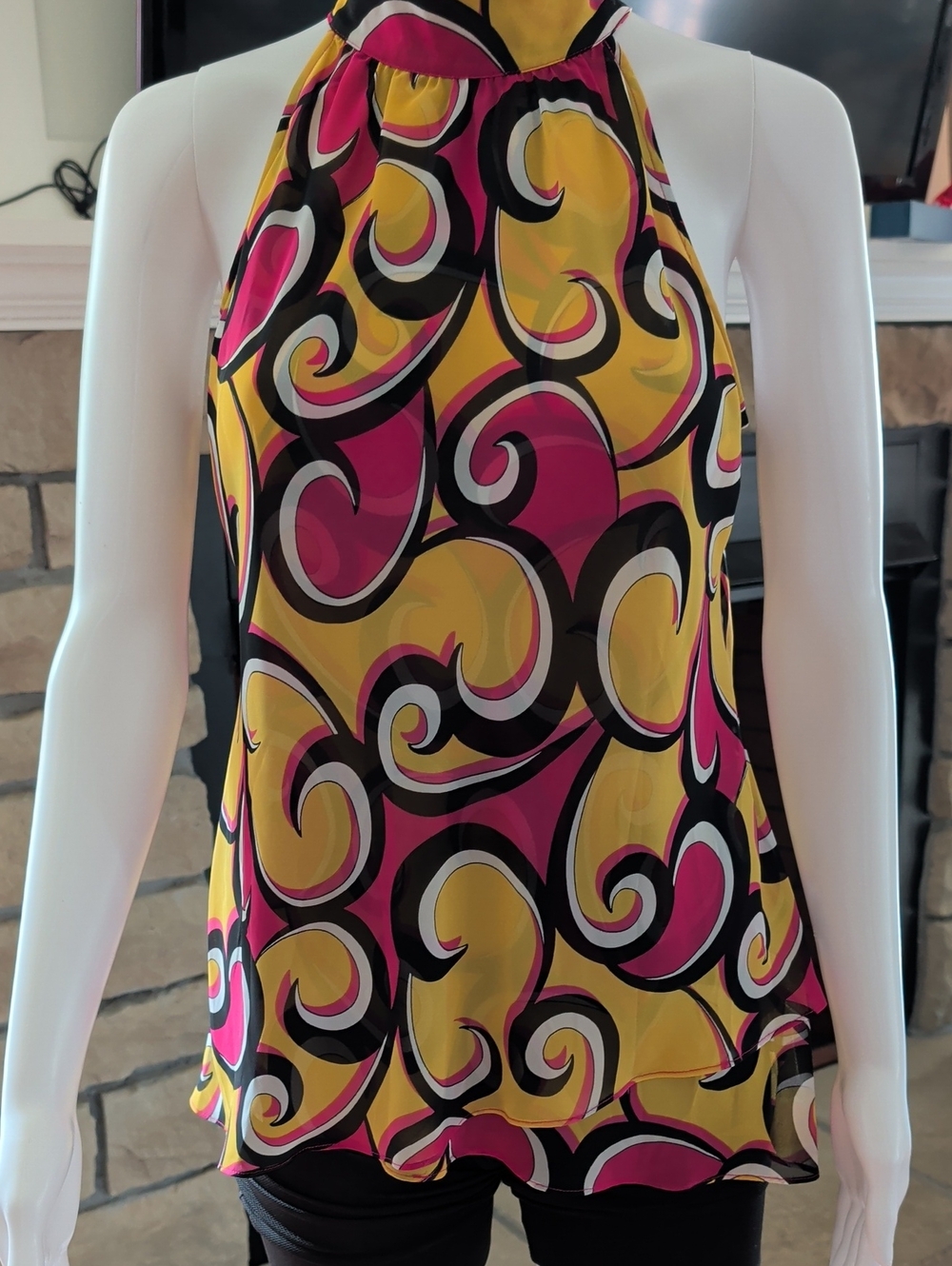 INC International Concepts Yellow Pink Black Swirl Halter Blouse